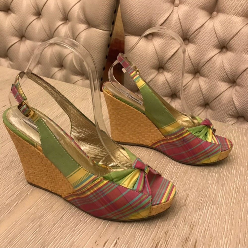 Steve Madden Pastel Plaid Bow Front Wedge Sandals Womens Size 8.5 Coquette Boho